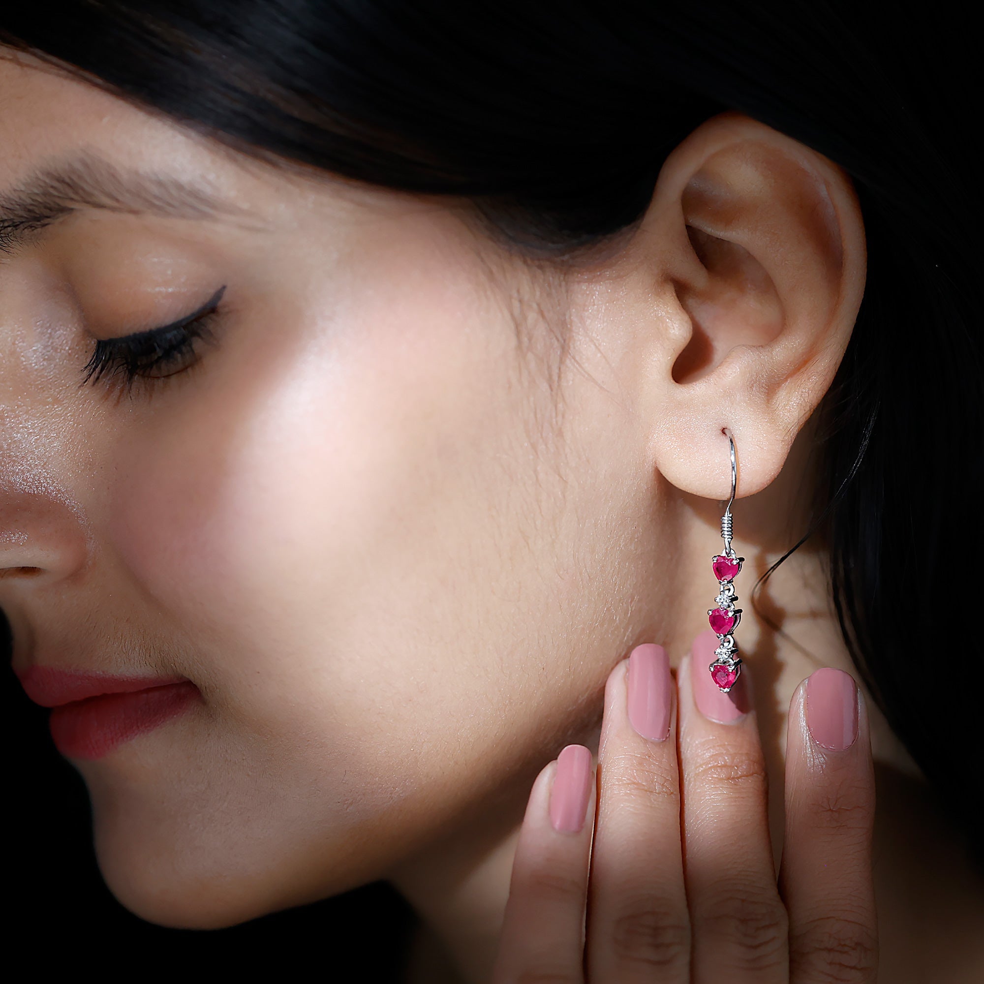 Lab Grown Ruby Heart Dangle Earrings with Diamond