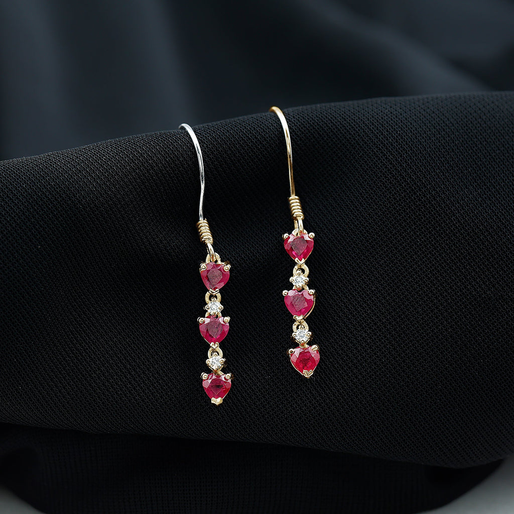 Lab Grown Ruby Heart Dangle Earrings with Diamond