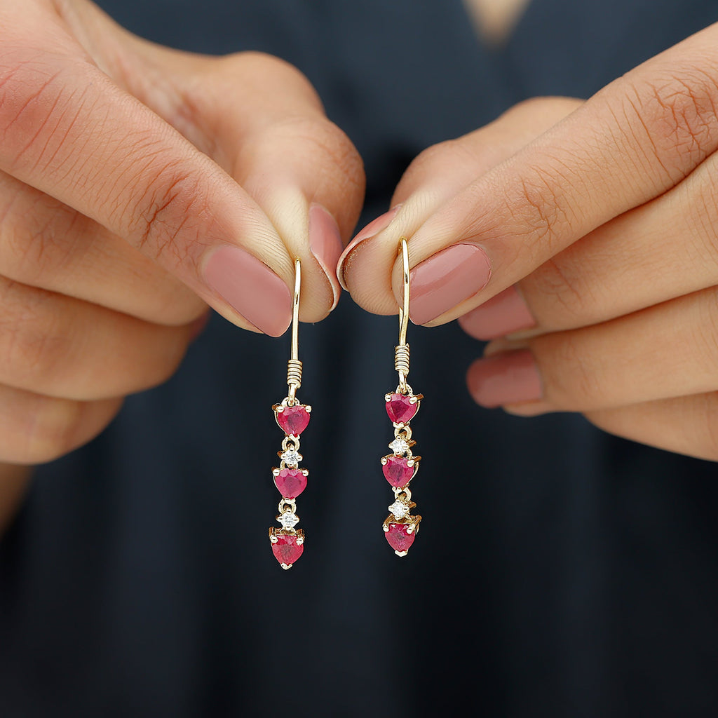 Lab Grown Ruby Heart Dangle Earrings with Diamond