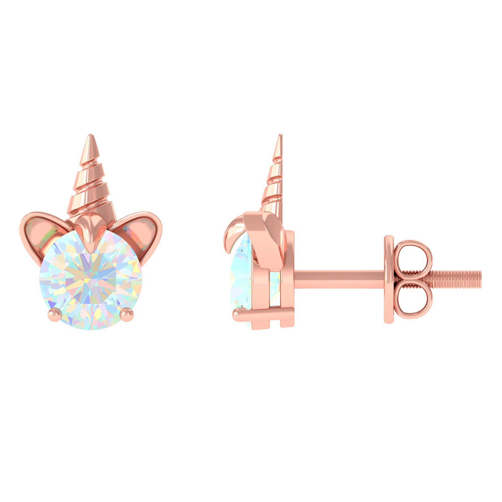 1 CT Ethiopian Opal Unicorn Solitaire Stud Earrings in Gold