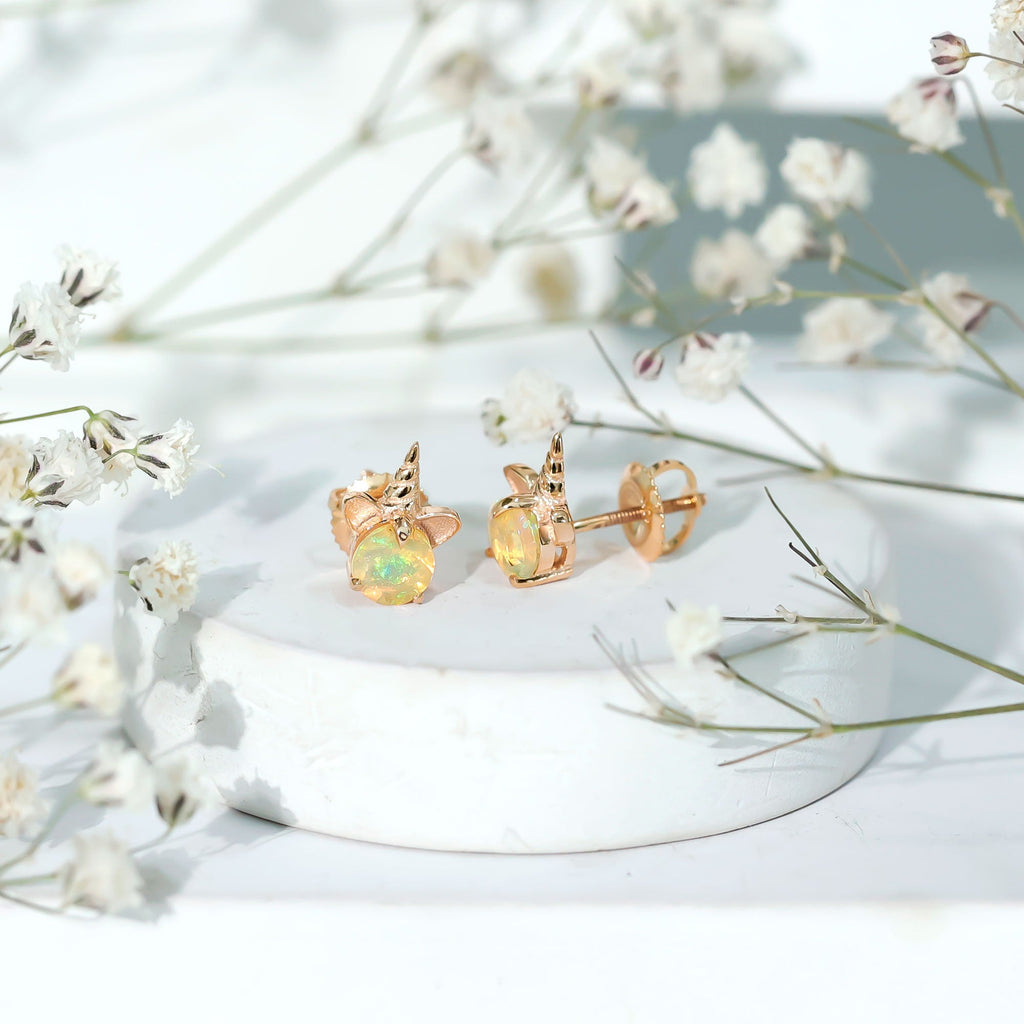 1 CT Ethiopian Opal Unicorn Solitaire Stud Earrings in Gold