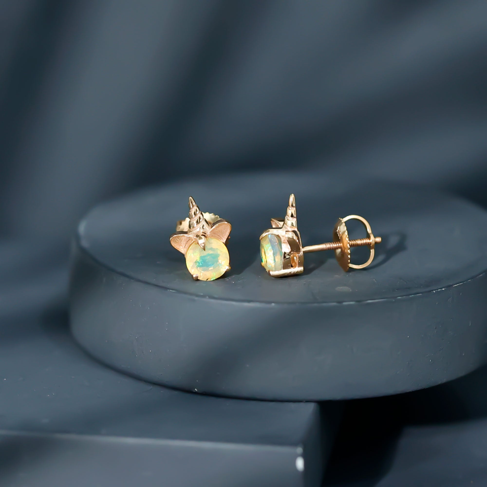 1 CT Ethiopian Opal Unicorn Solitaire Stud Earrings in Gold