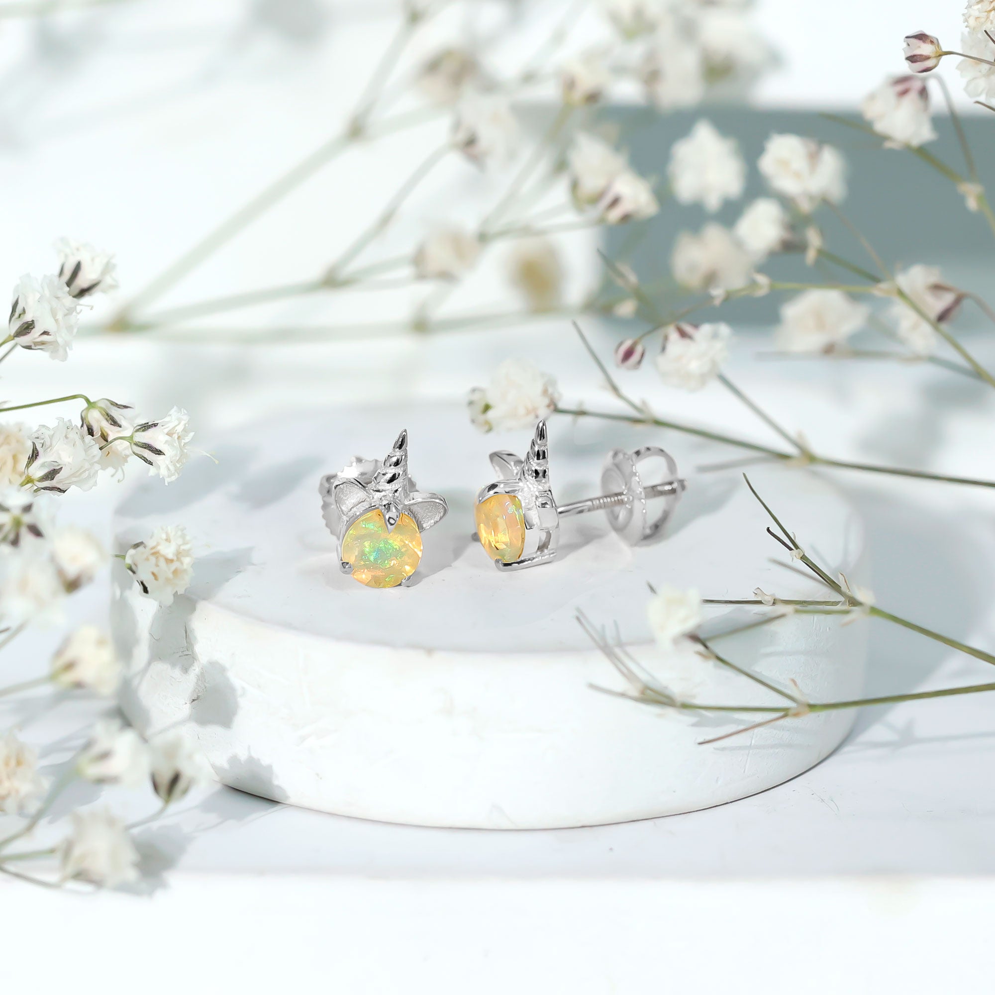 1 CT Ethiopian Opal Unicorn Solitaire Stud Earrings in Gold
