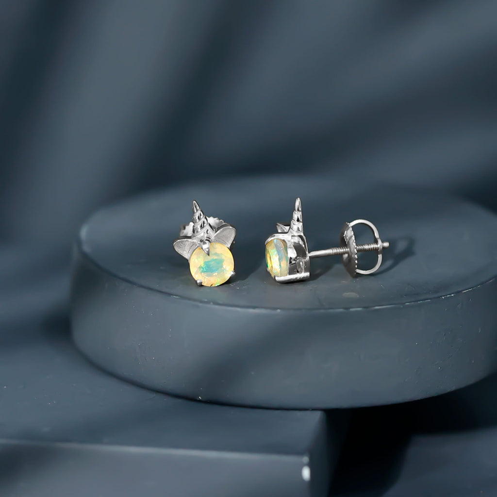 1 CT Ethiopian Opal Unicorn Solitaire Stud Earrings in Gold