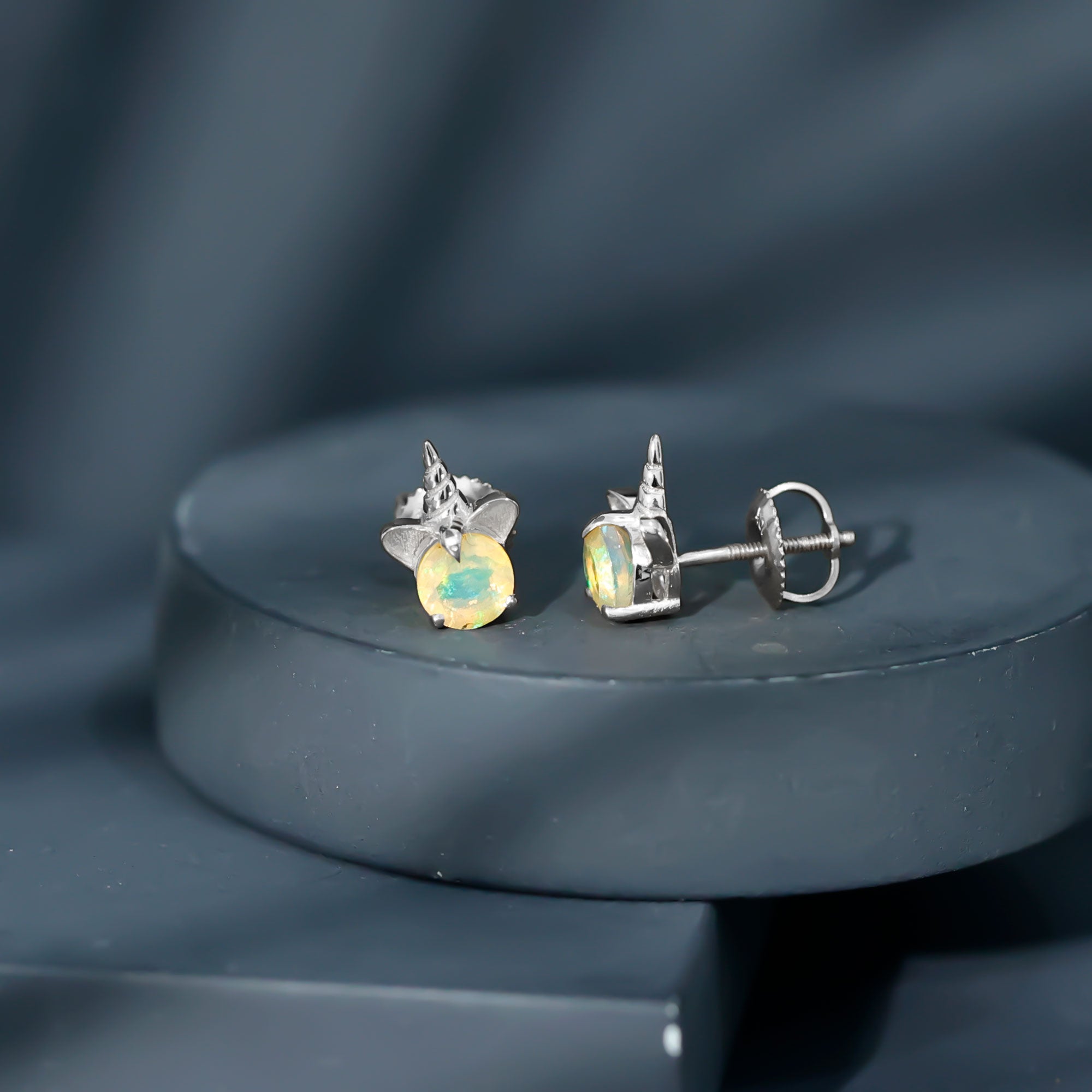 1 CT Ethiopian Opal Unicorn Solitaire Stud Earrings in Gold
