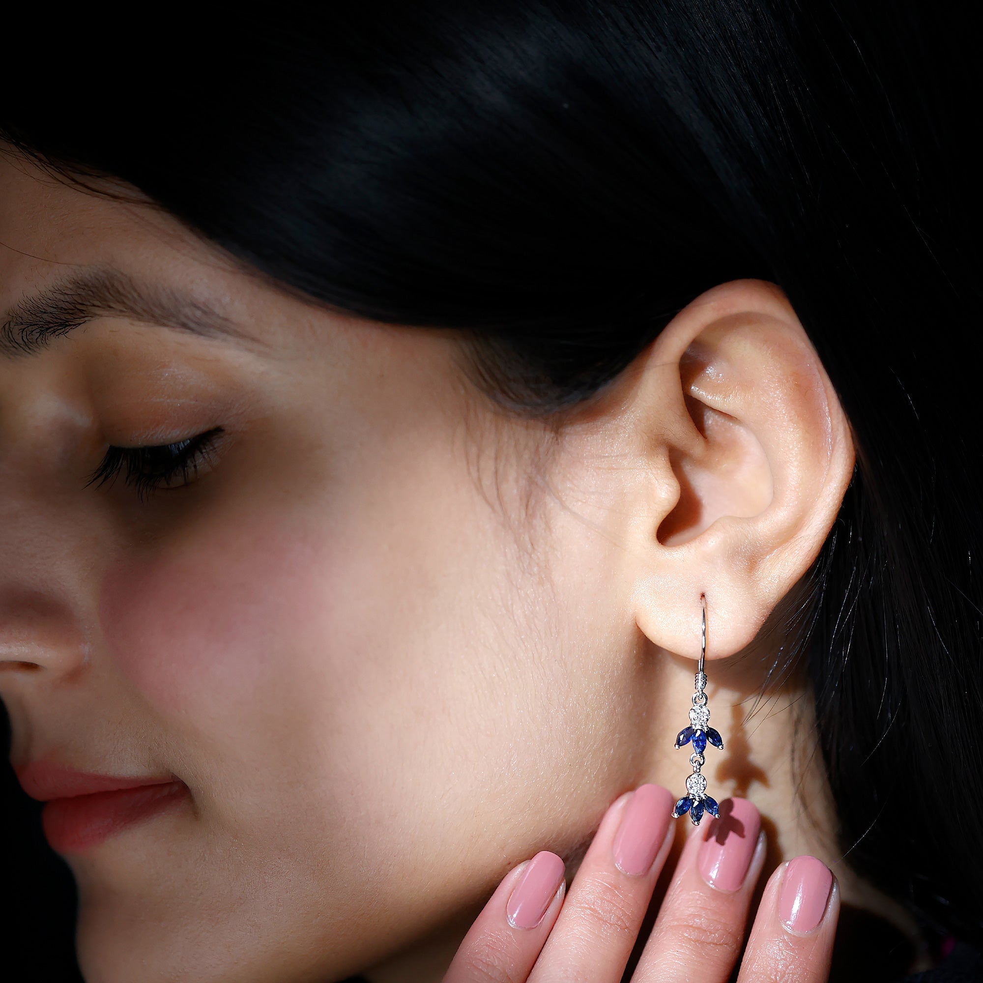 Natural Blue Sapphire and Diamond Leaf Dangle Earrings