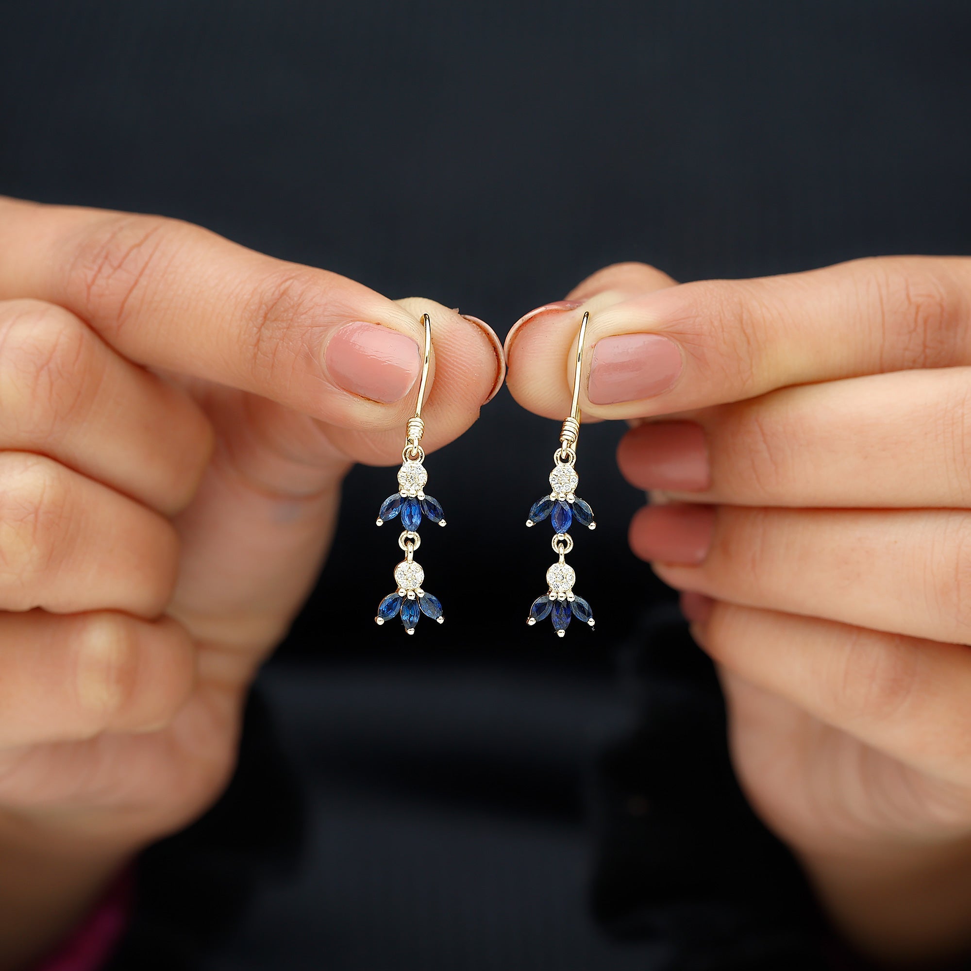 Natural Blue Sapphire and Diamond Leaf Dangle Earrings