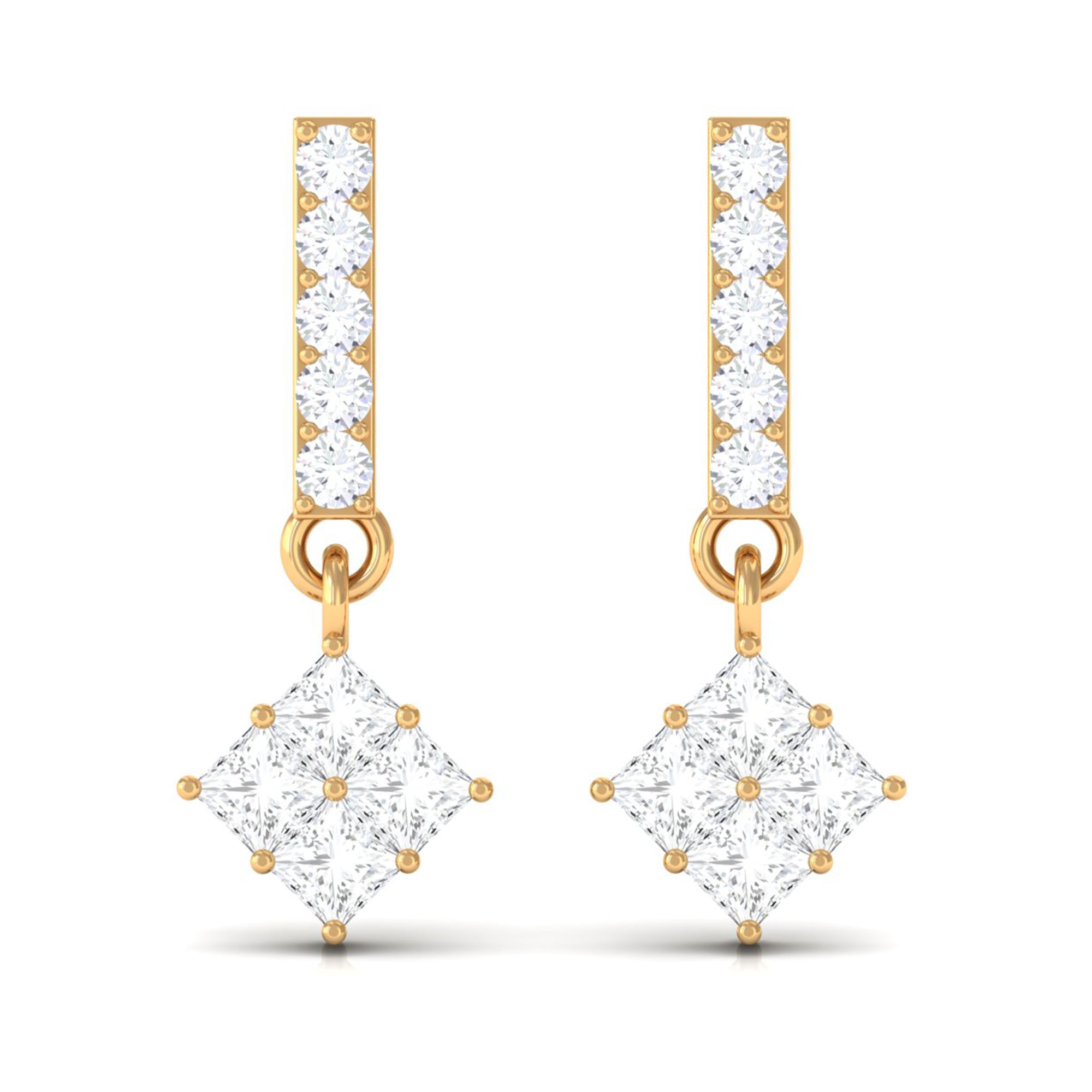 Princess and Round Cut Diamond Contemporary Dangle Earrings