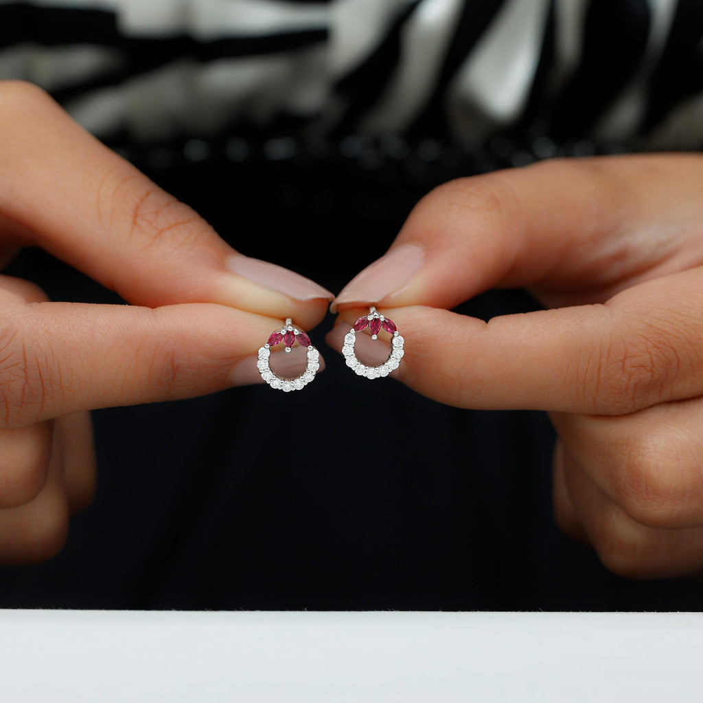 Marquise Cut Created Ruby and Moissanite Eternity Stud Earrings