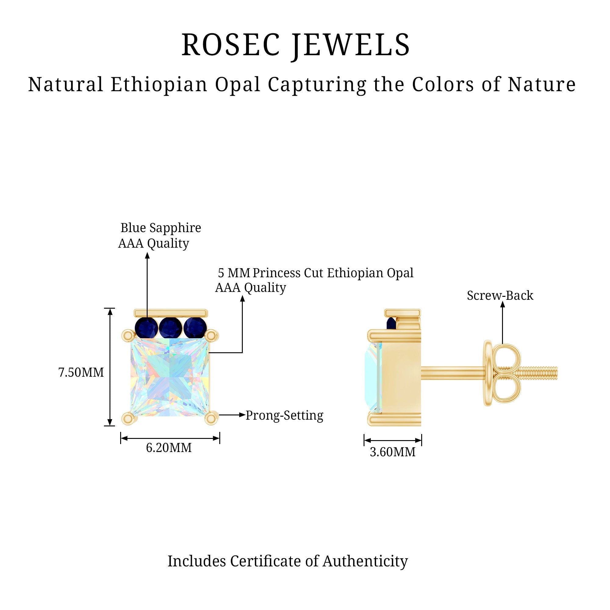 Princess Cut Ethiopian Opal Stud Earrings with Blue Sapphire Trio