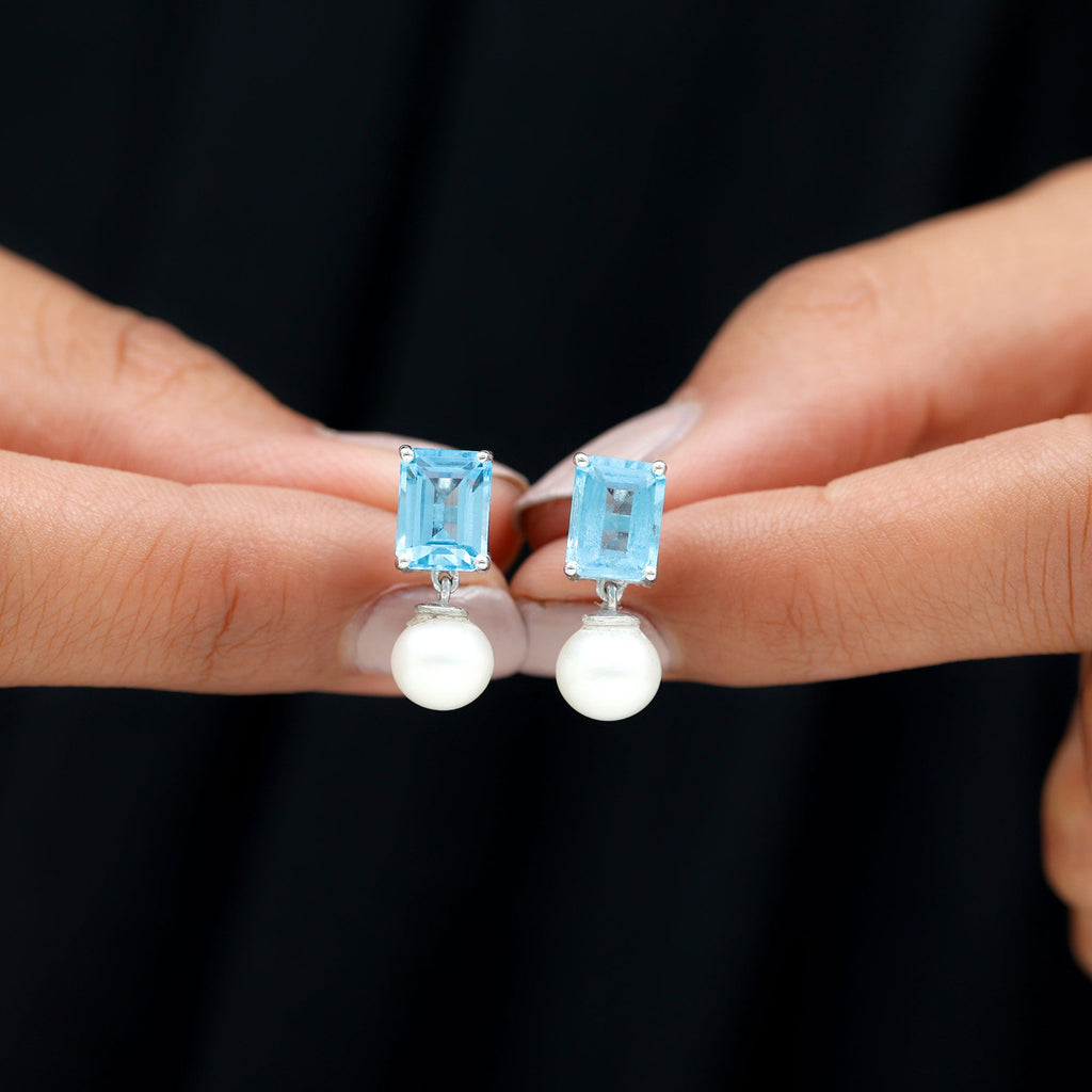 6 Carat Freshwater Pearl and Blue Topaz Drop Earrings