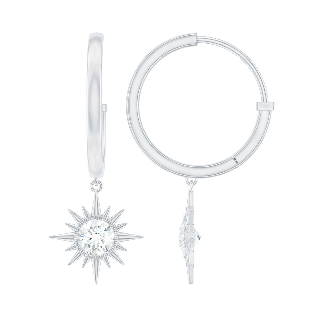 Bezel Set Round Moissanite Sunburst Hoop Drop Earrings