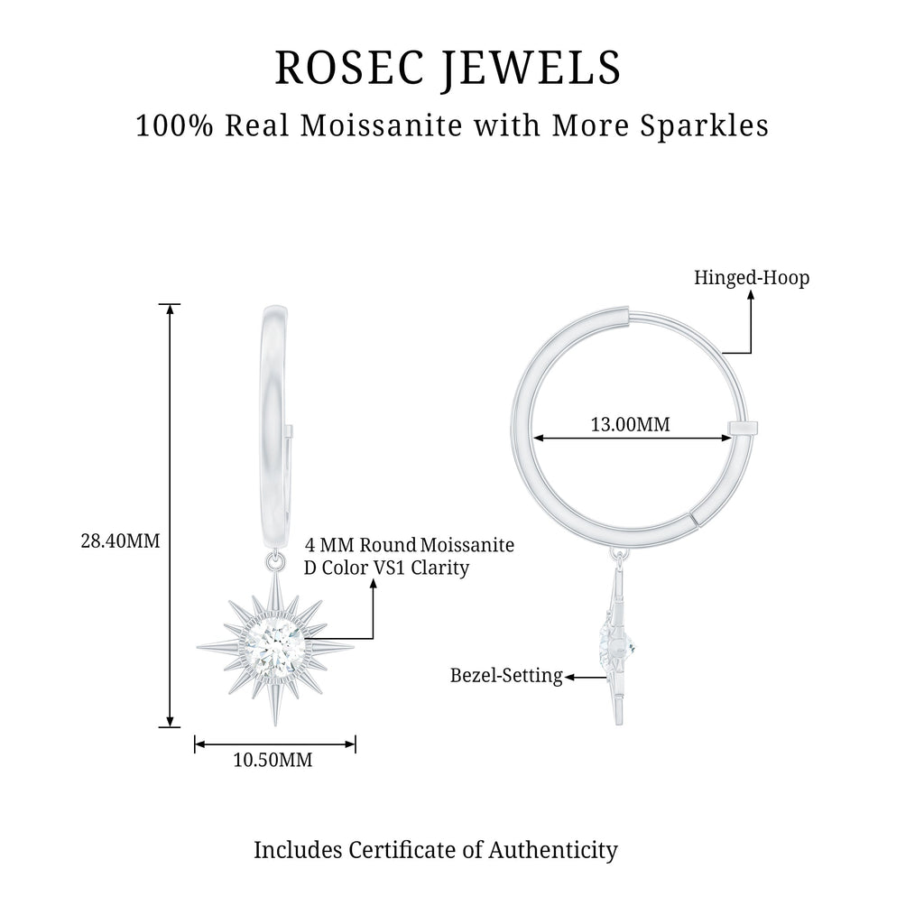 Bezel Set Round Moissanite Sunburst Hoop Drop Earrings