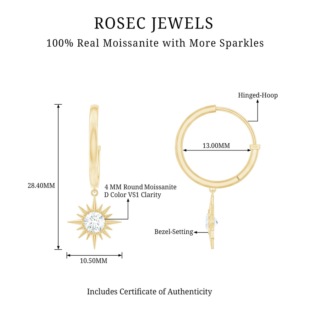 Bezel Set Round Moissanite Sunburst Hoop Drop Earrings