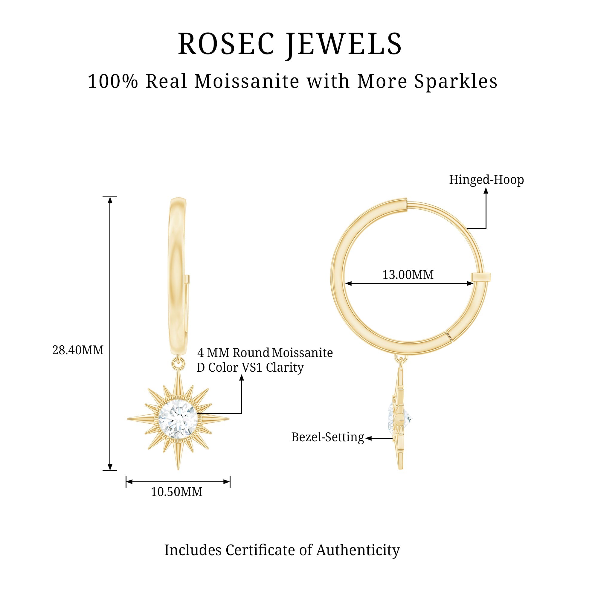 Bezel Set Round Moissanite Sunburst Hoop Drop Earrings
