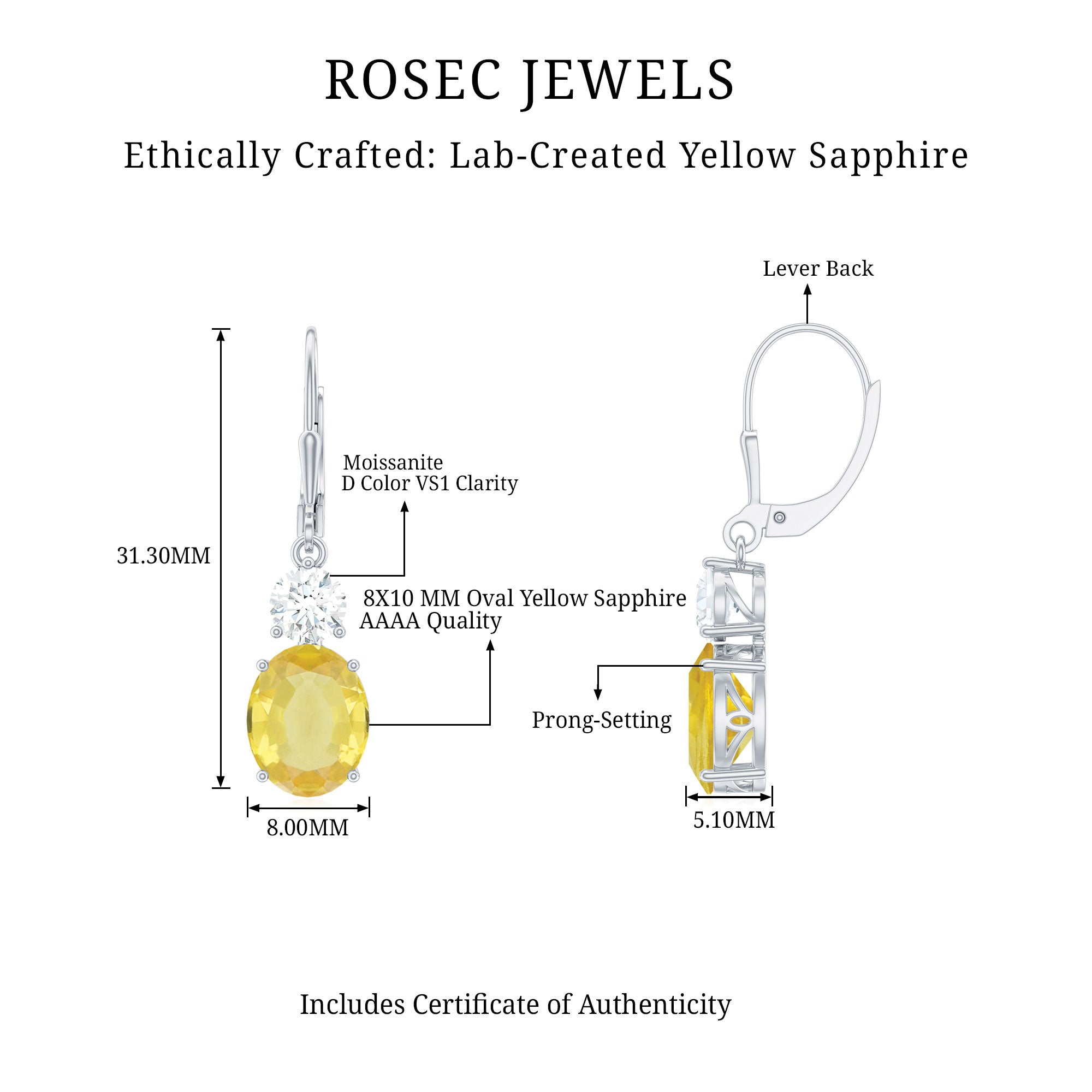 Lab Grown Yellow Sapphire Oval Drop Dangle Earrings With Moissanite