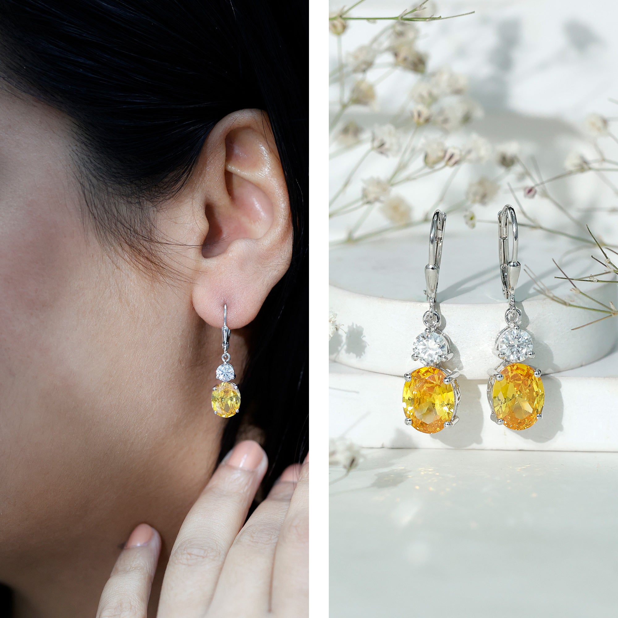 Lab Grown Yellow Sapphire Oval Drop Dangle Earrings With Moissanite
