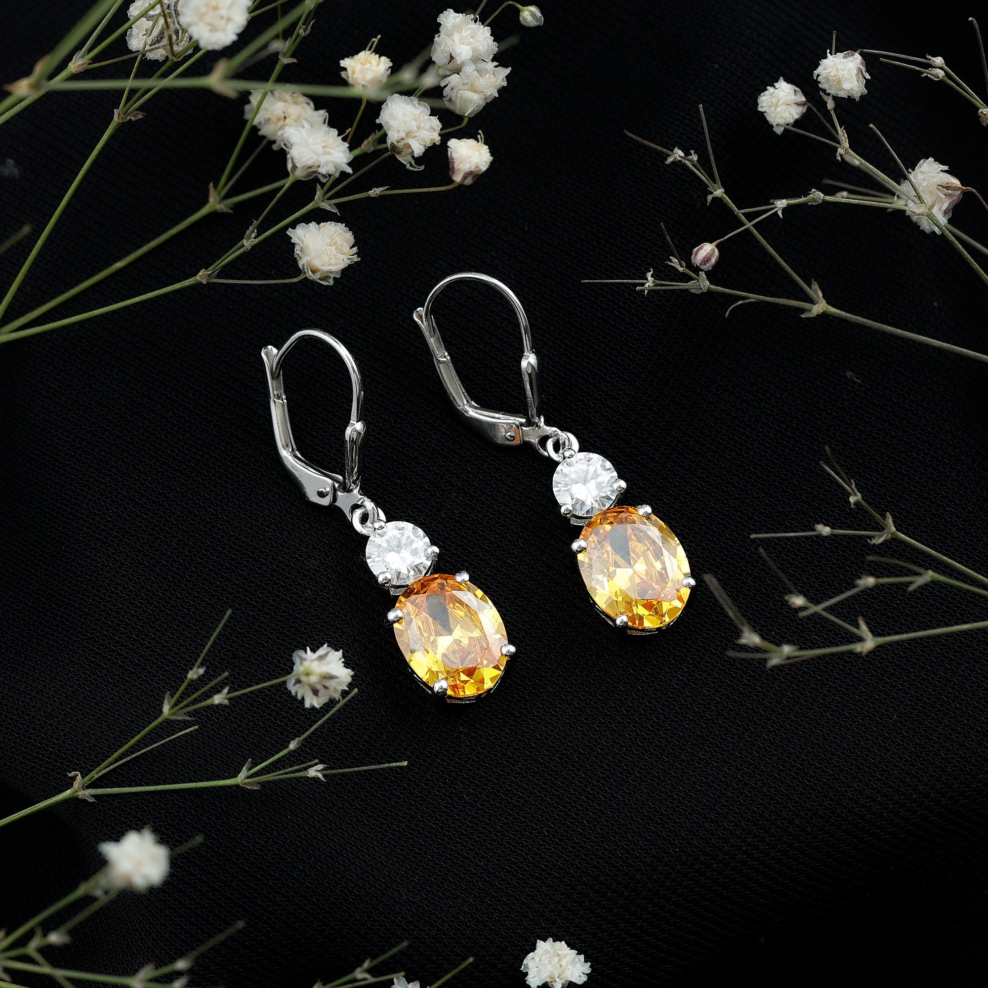 Lab Grown Yellow Sapphire Oval Drop Dangle Earrings With Moissanite