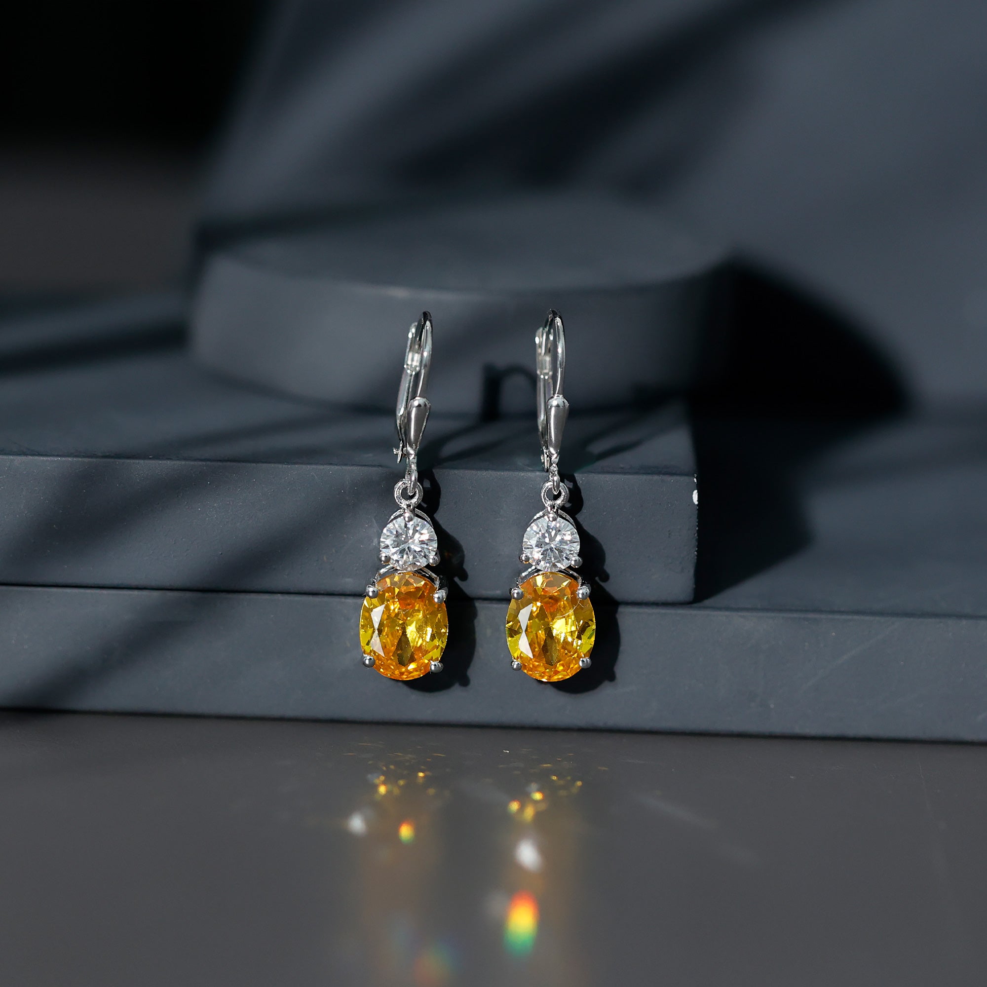 Lab Grown Yellow Sapphire Oval Drop Dangle Earrings With Moissanite