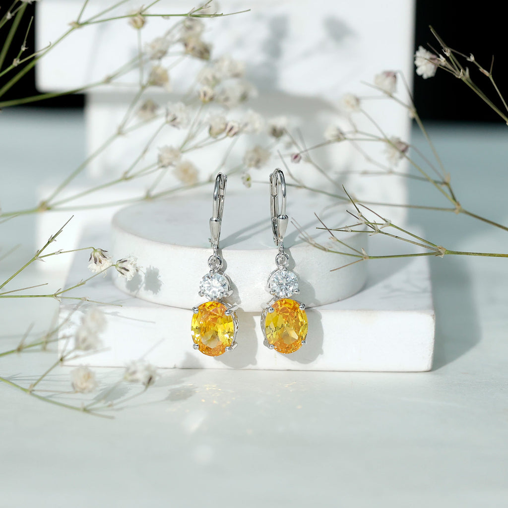 Lab Grown Yellow Sapphire Oval Drop Dangle Earrings With Moissanite