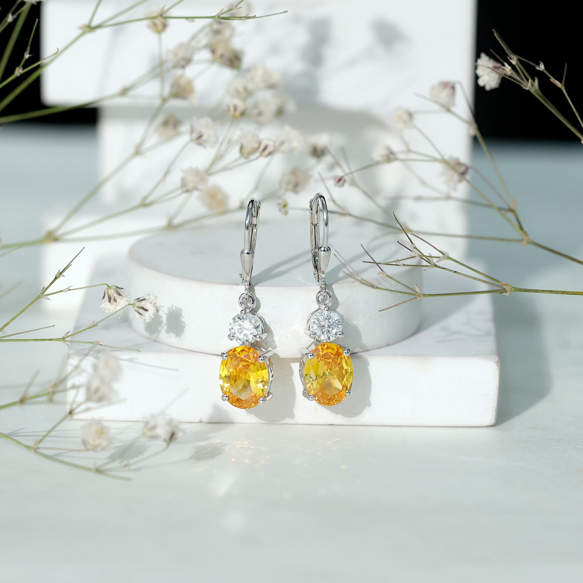 Lab Grown Yellow Sapphire Oval Drop Dangle Earrings With Moissanite