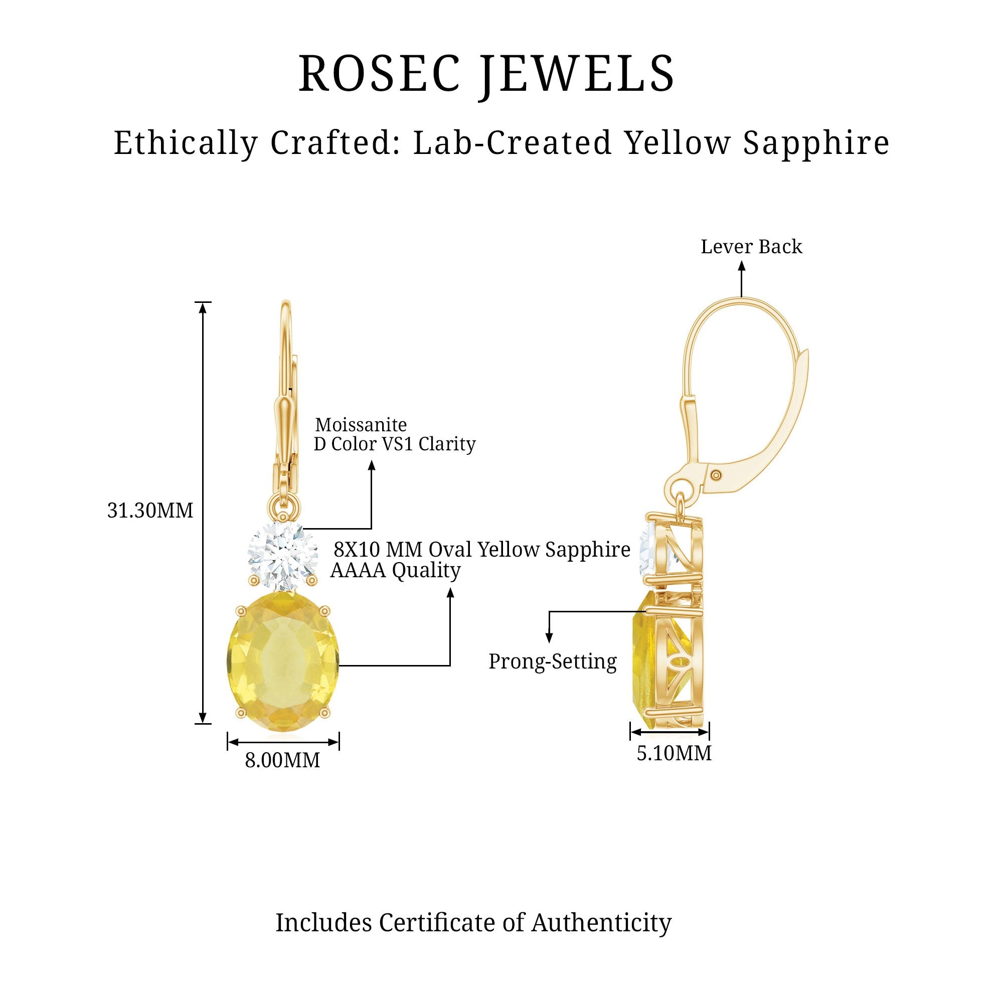 Lab Grown Yellow Sapphire Oval Drop Dangle Earrings With Moissanite