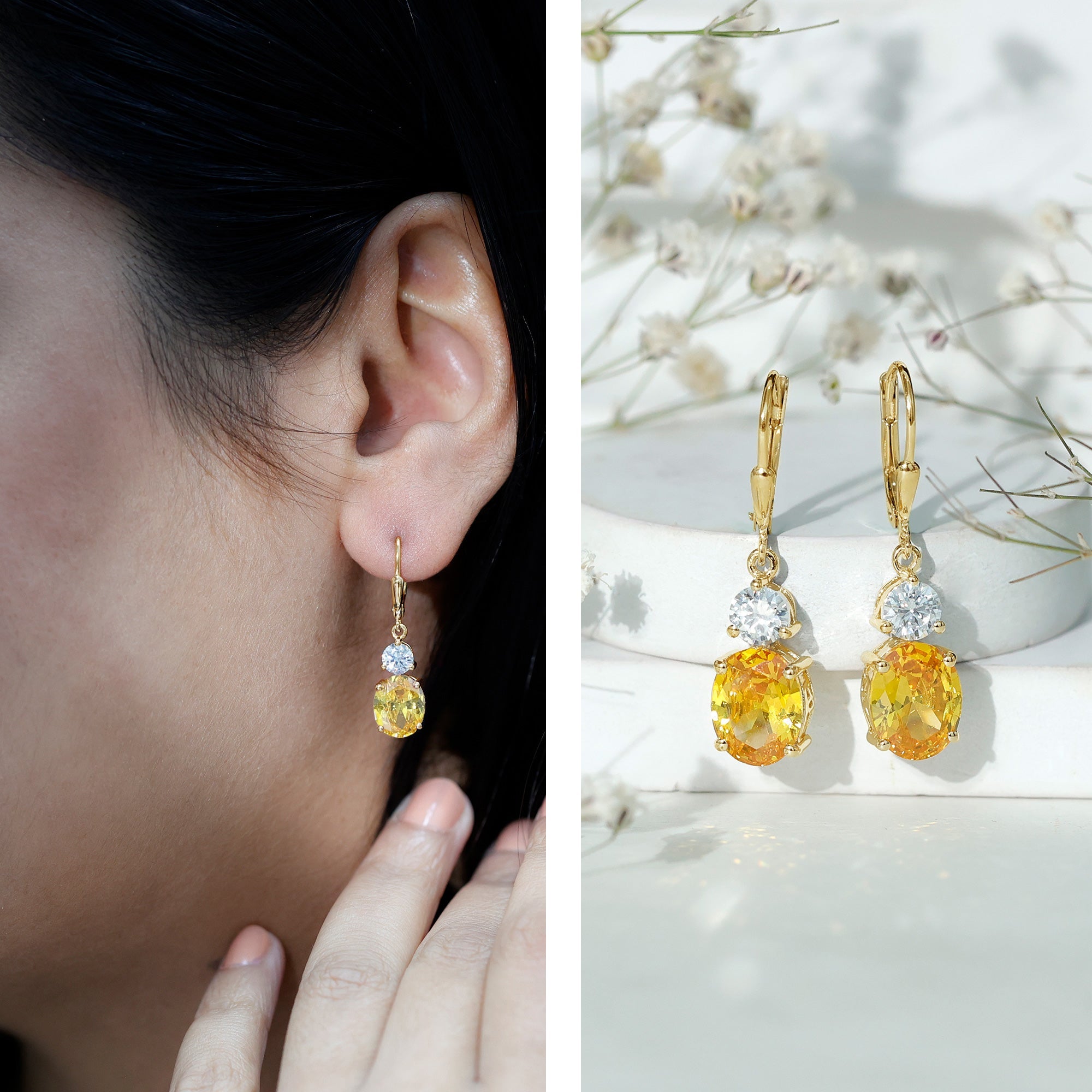 Lab Grown Yellow Sapphire Oval Drop Dangle Earrings With Moissanite