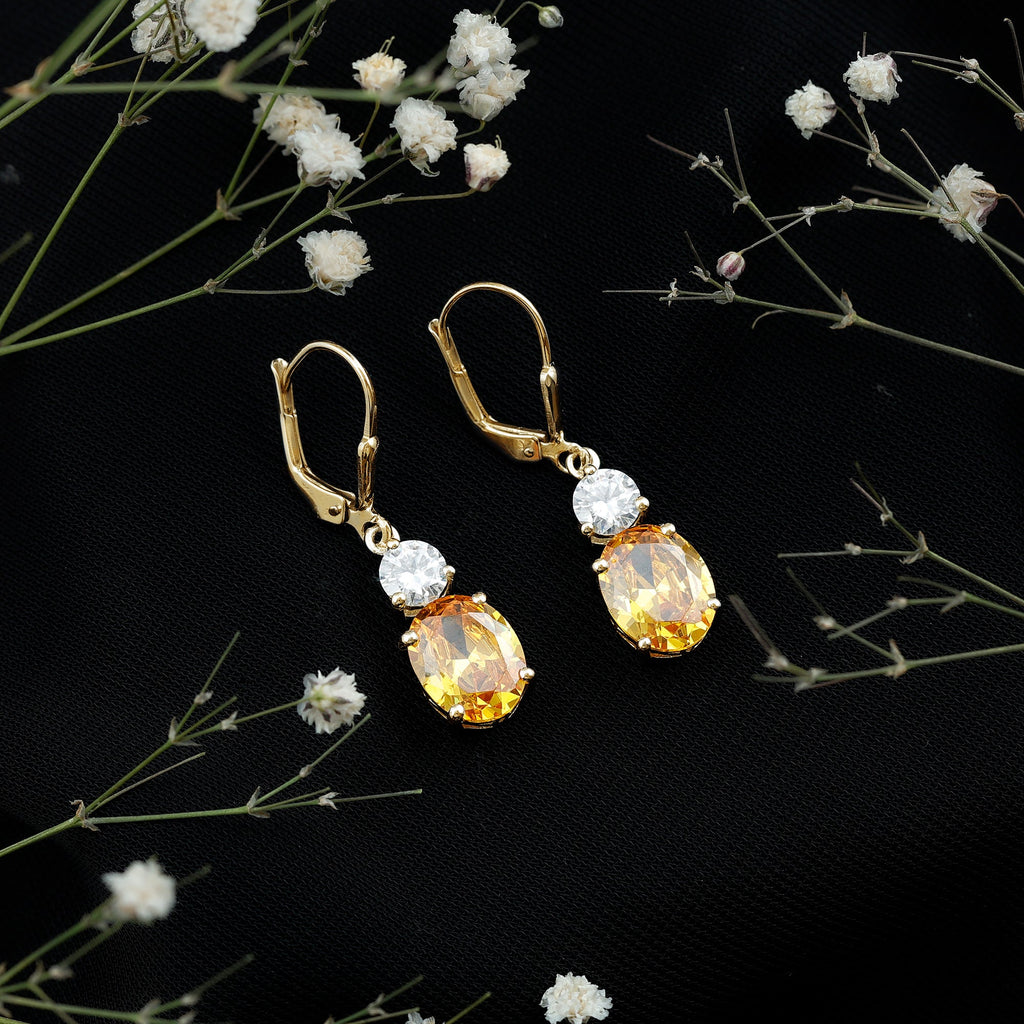 Lab Grown Yellow Sapphire Oval Drop Dangle Earrings With Moissanite