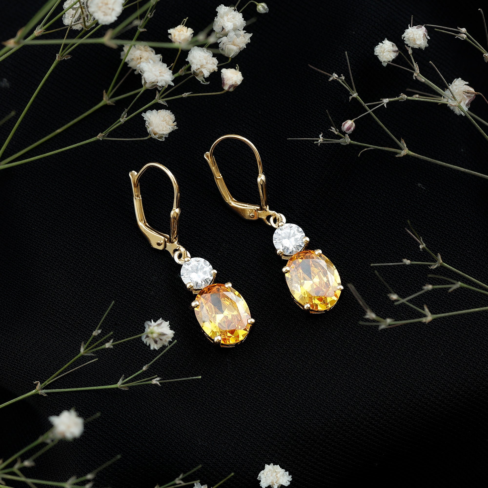 Lab Grown Yellow Sapphire Oval Drop Dangle Earrings With Moissanite