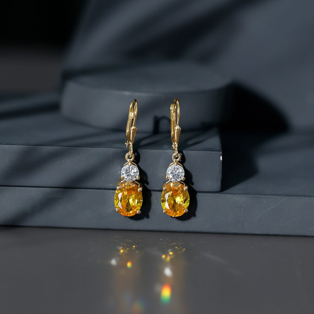 Lab Grown Yellow Sapphire Oval Drop Dangle Earrings With Moissanite