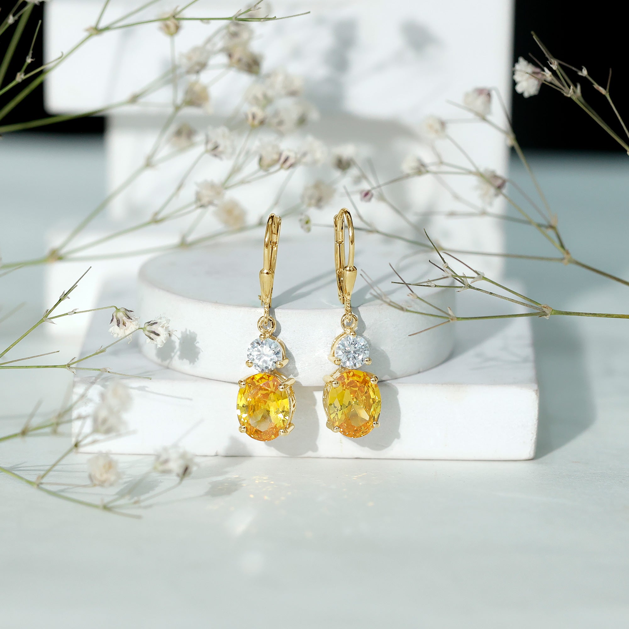 Lab Grown Yellow Sapphire Oval Drop Dangle Earrings With Moissanite