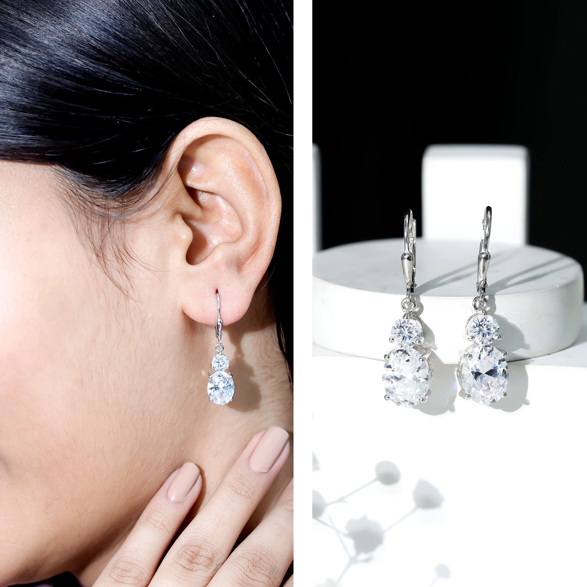 Minimal Zircon 2 Stone Drop Earrings with Lever Back