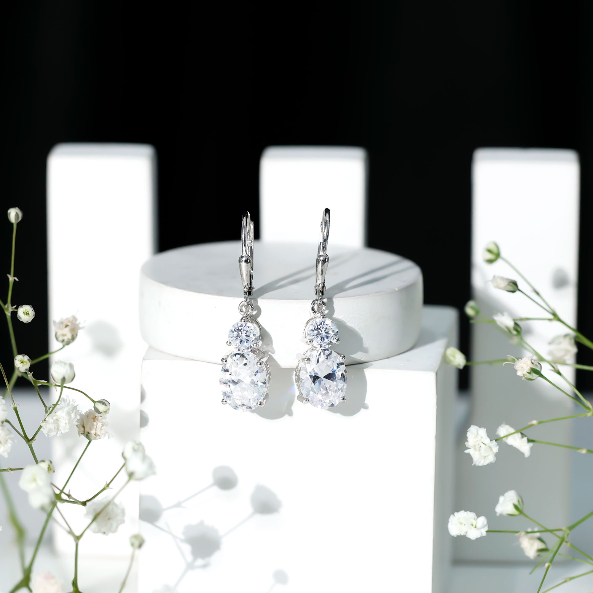 Minimal Zircon 2 Stone Drop Earrings with Lever Back