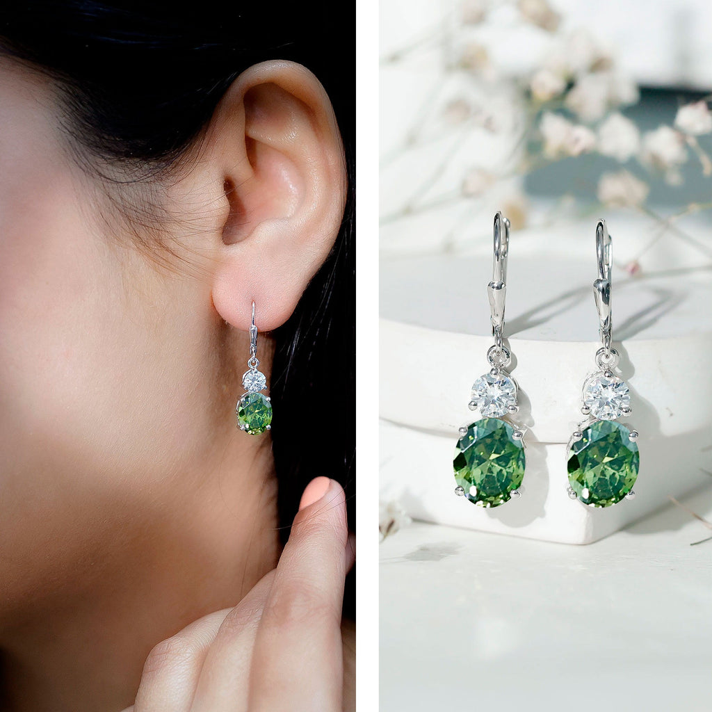 8 Carat Lab Grown Green Sapphire Oval Drop Earrings