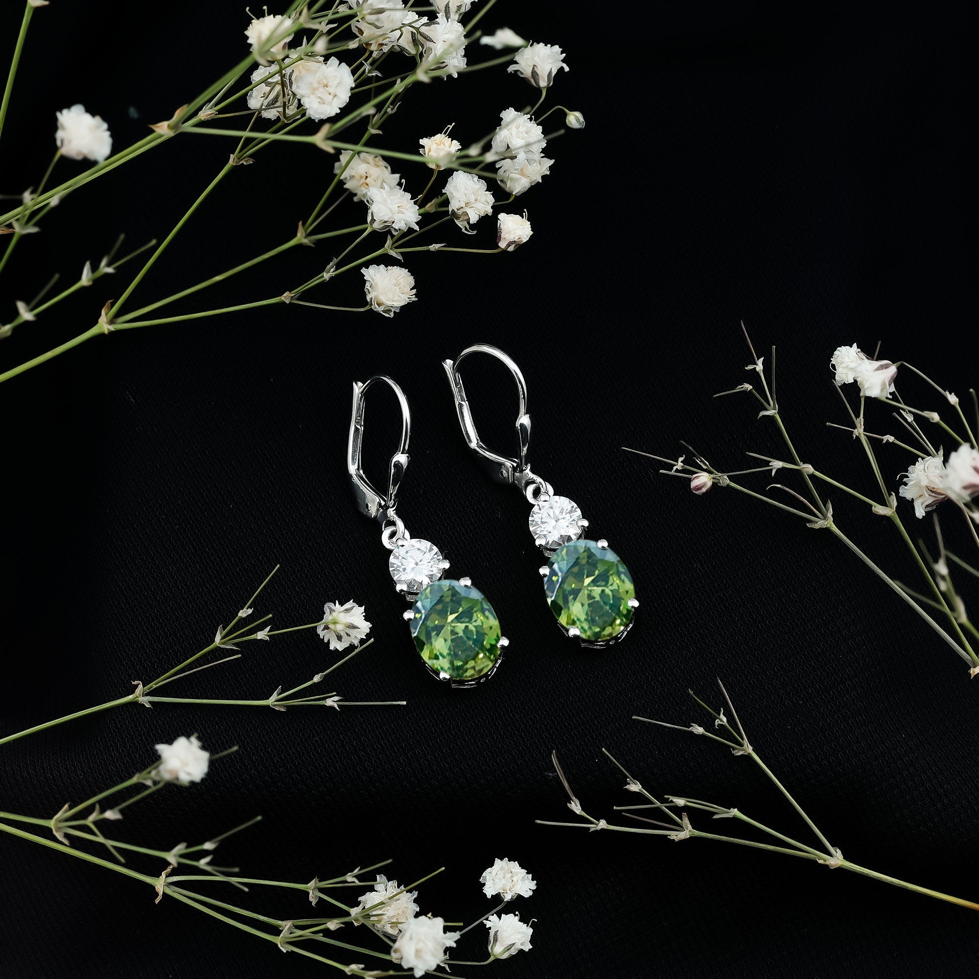 8 Carat Lab Grown Green Sapphire Oval Drop Earrings