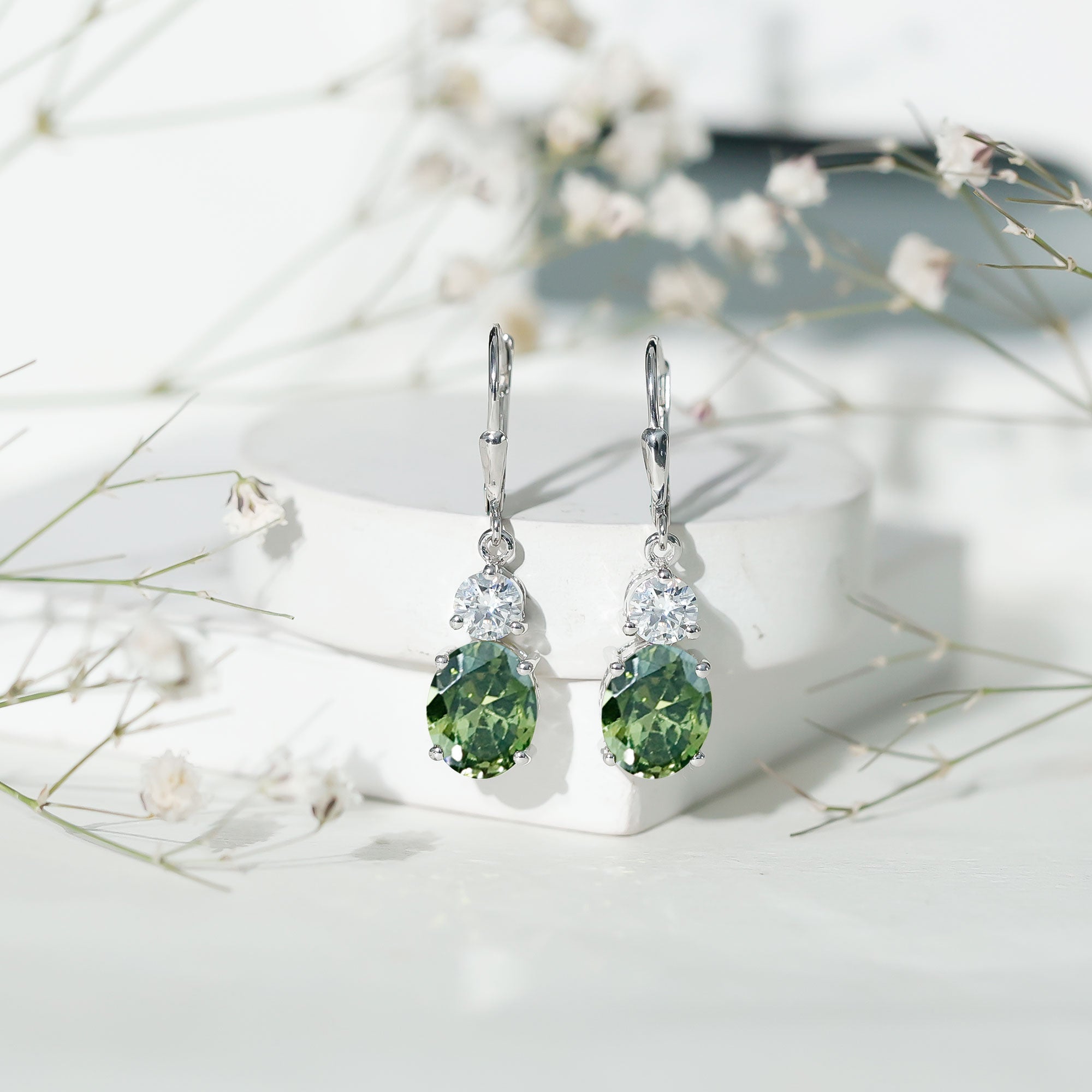 8 Carat Lab Grown Green Sapphire Oval Drop Earrings