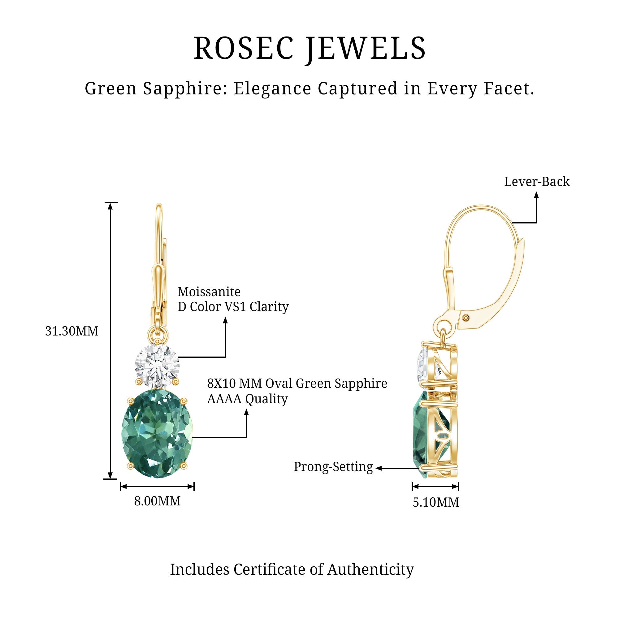 8 Carat Lab Grown Green Sapphire Oval Drop Earrings