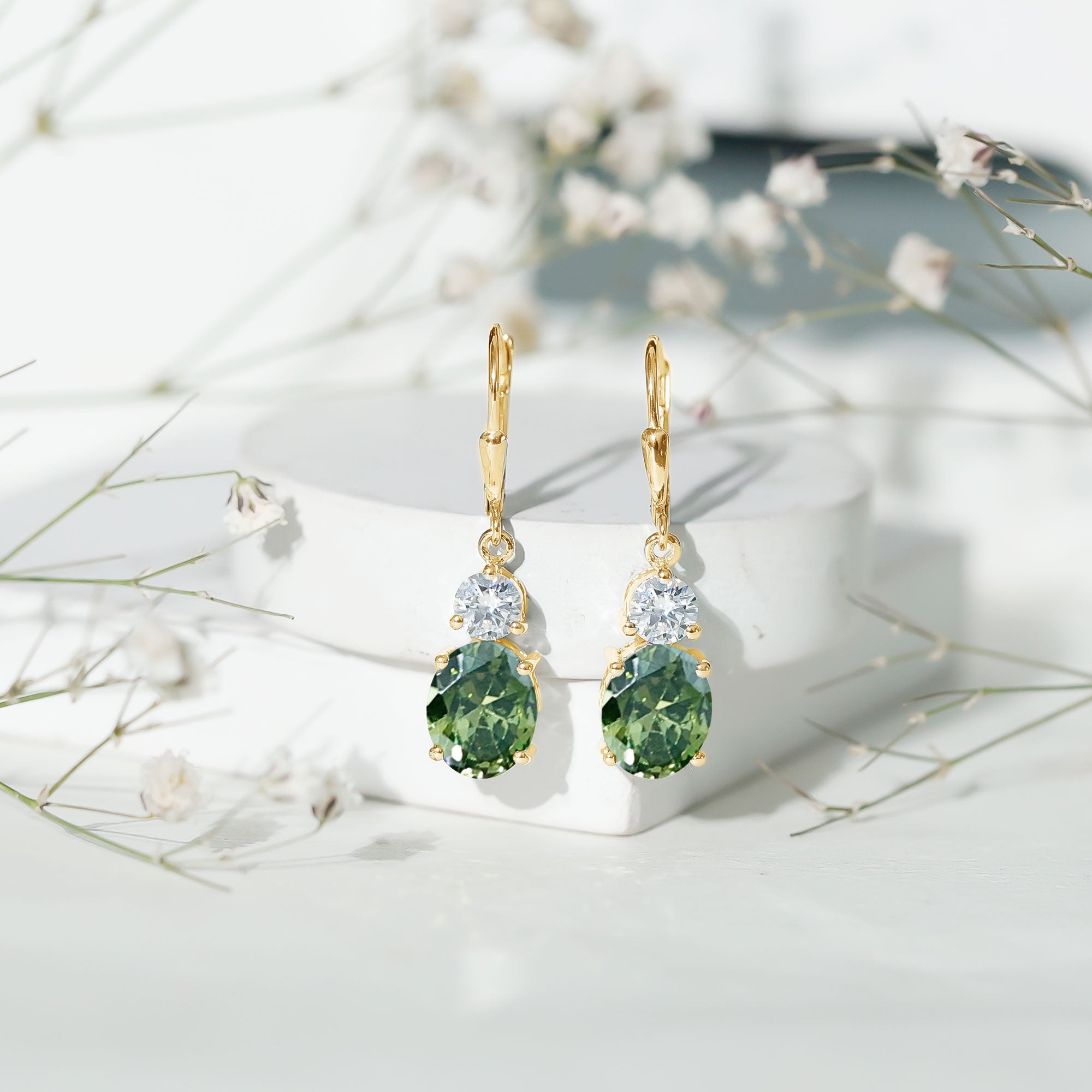 8 Carat Lab Grown Green Sapphire Oval Drop Earrings