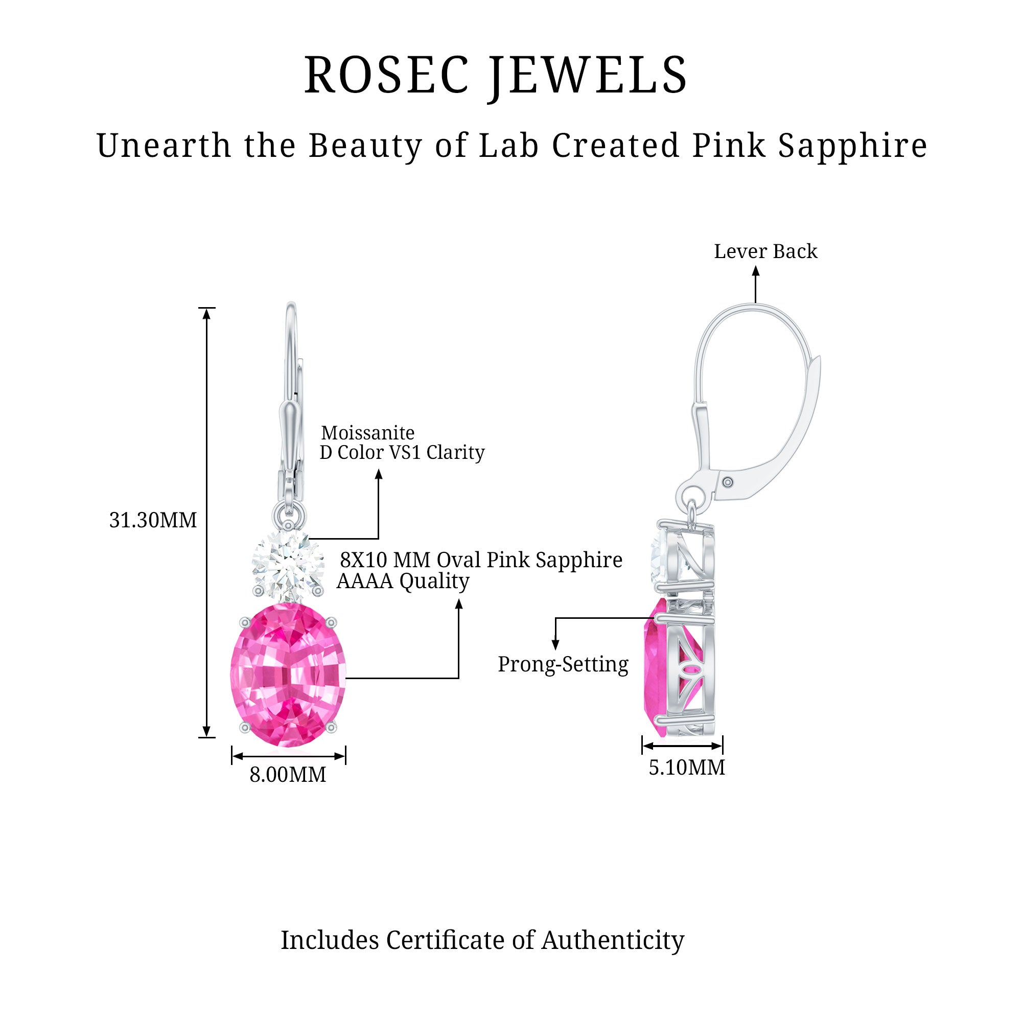 Lab Grown Pink Sapphire and Moissanite Drop Earrings With Leverback