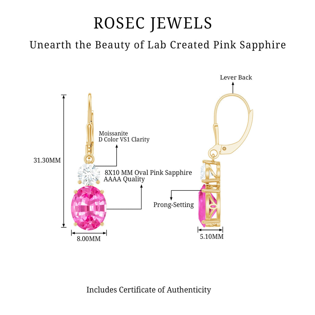 Lab Grown Pink Sapphire and Moissanite Drop Earrings With Leverback
