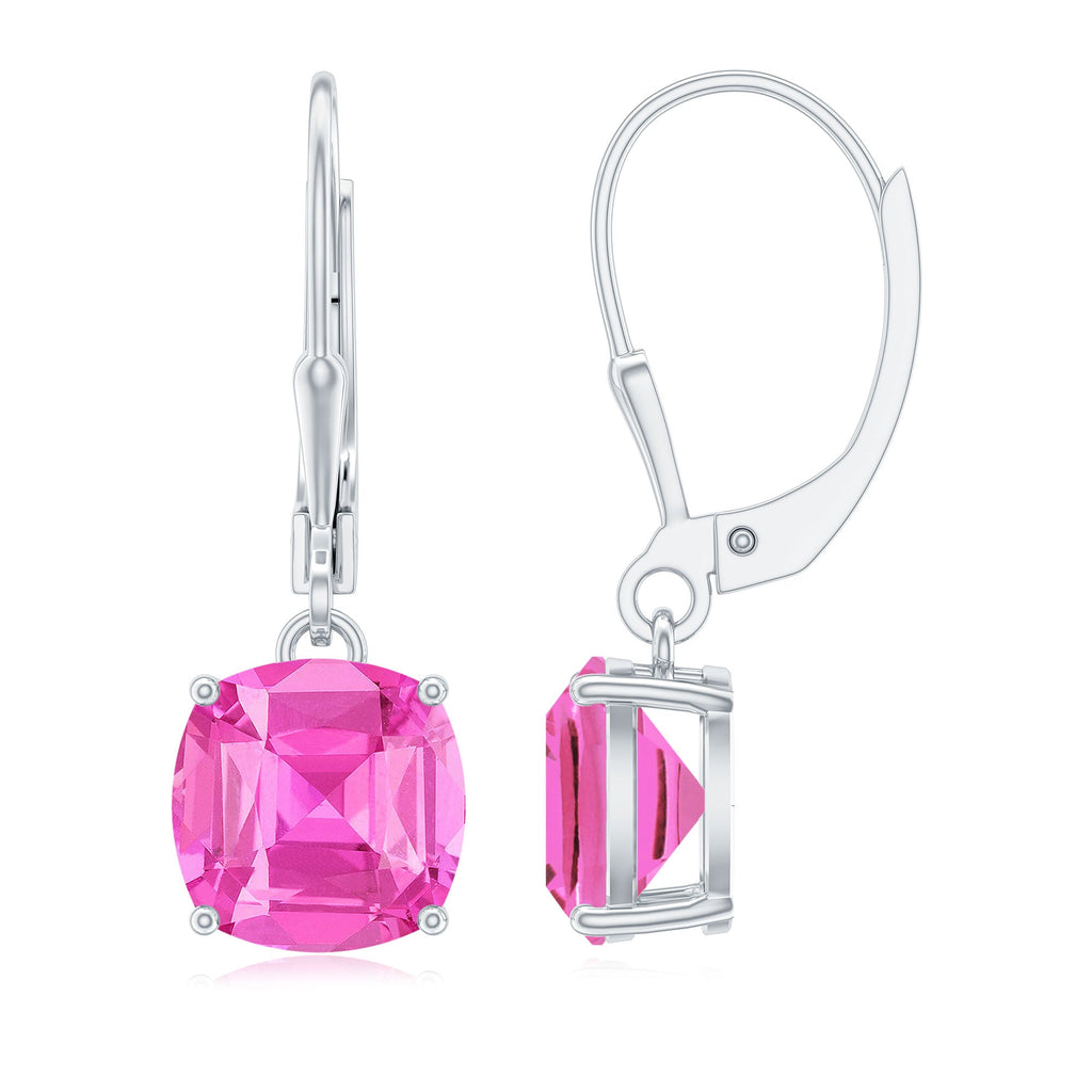 Cushion Cut Lab Created Pink Sapphire Solitaire Drop Earrings with Leverback