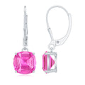 Cushion Cut Lab Created Pink Sapphire Solitaire Drop Earrings with Leverback