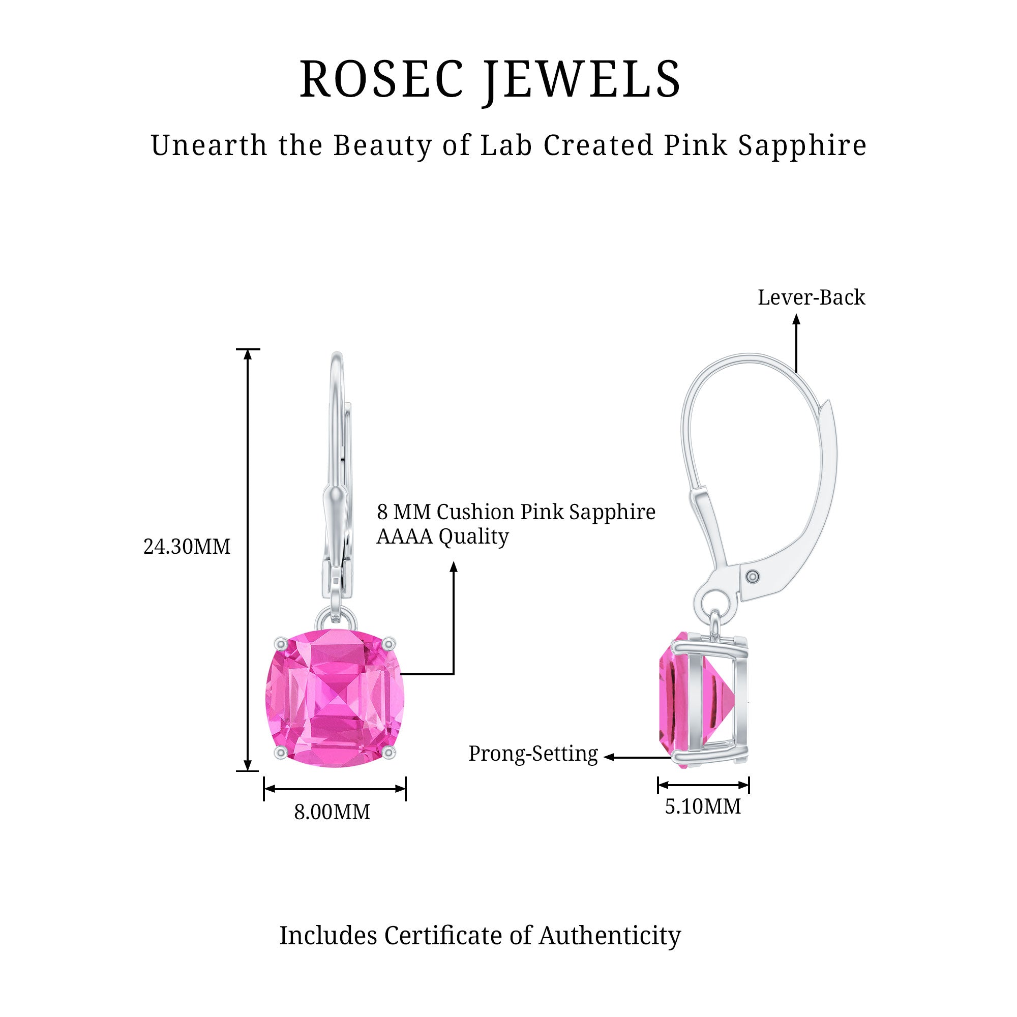 Cushion Cut Lab Created Pink Sapphire Solitaire Drop Earrings with Leverback