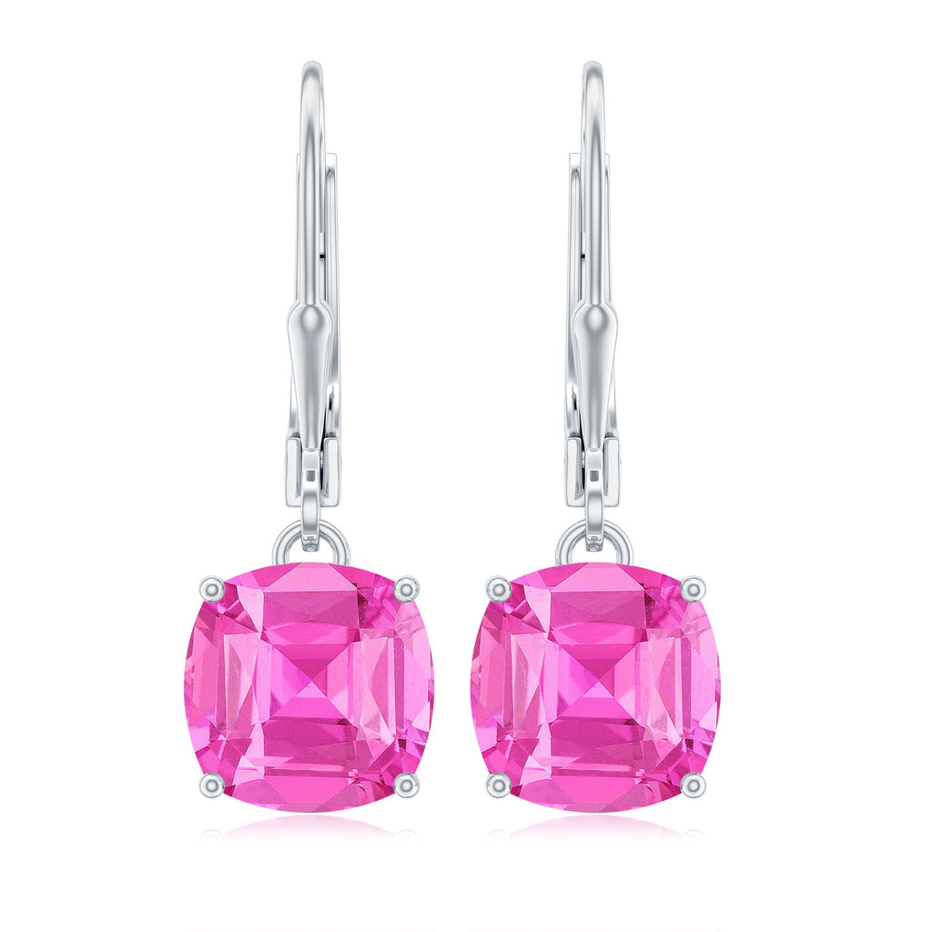 Cushion Cut Lab Created Pink Sapphire Solitaire Drop Earrings with Leverback