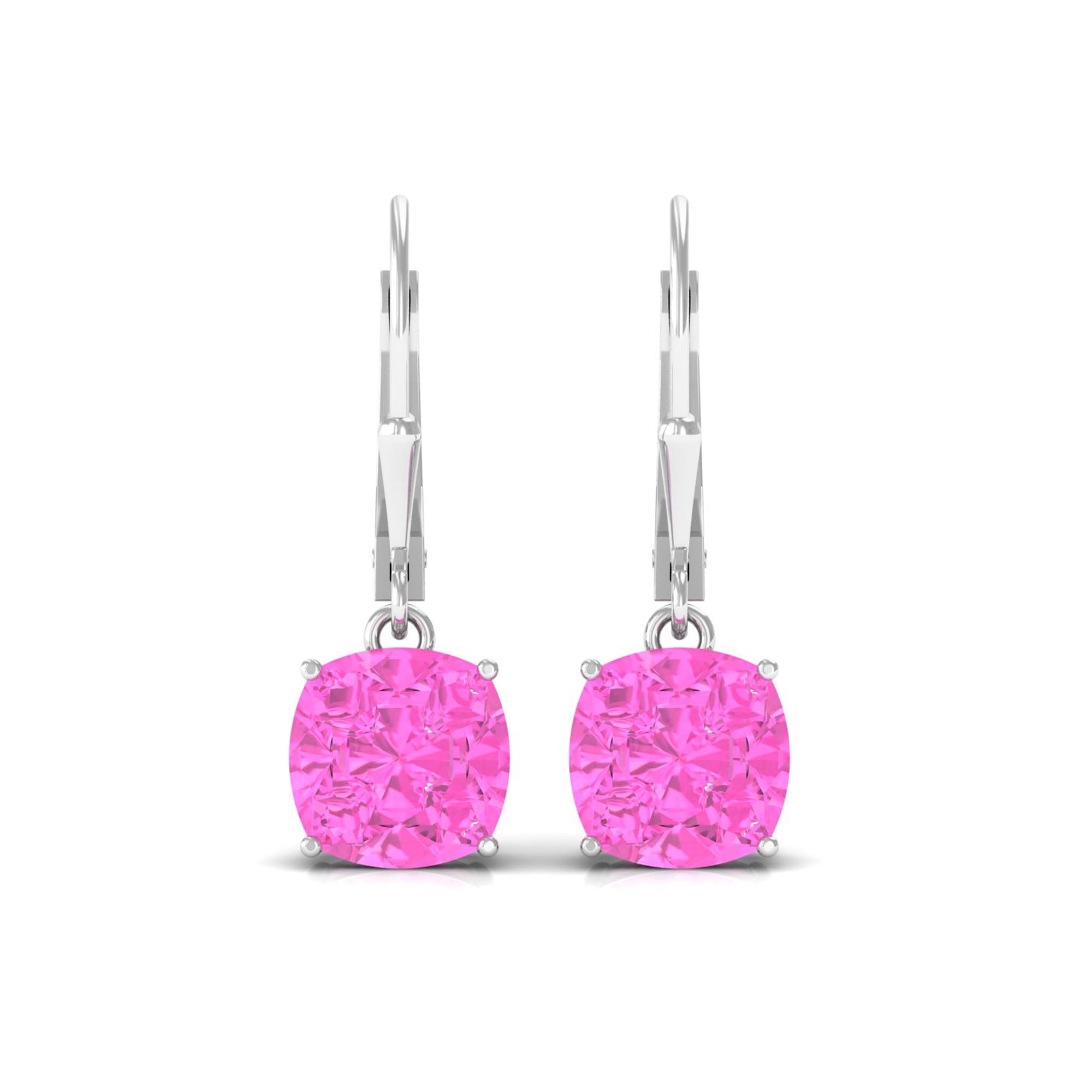 Cushion Cut Lab Created Pink Sapphire Solitaire Drop Earrings with Leverback