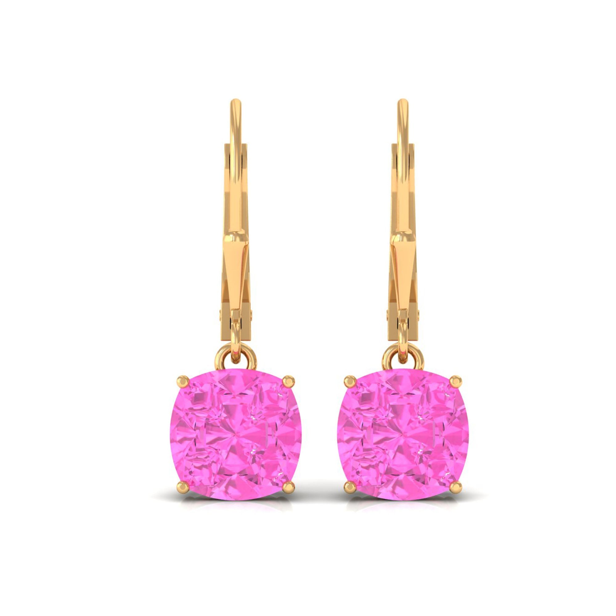 Cushion Cut Lab Created Pink Sapphire Solitaire Drop Earrings with Leverback