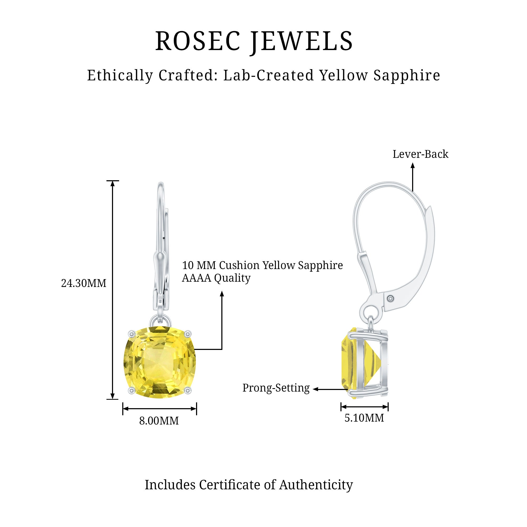 Cushion Cut Lab Created Yellow Sapphire Solitaire Drop Earrings with Leverback