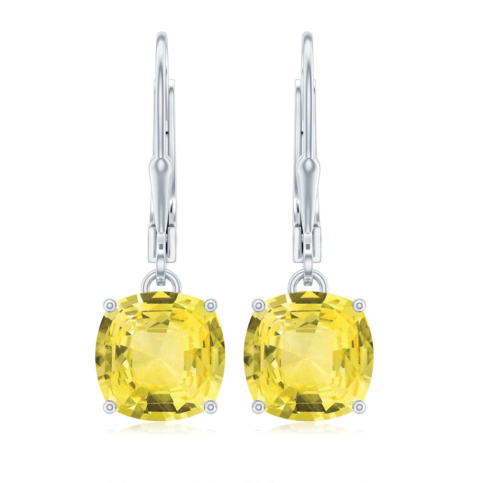 Cushion Cut Lab Created Yellow Sapphire Solitaire Drop Earrings with Leverback