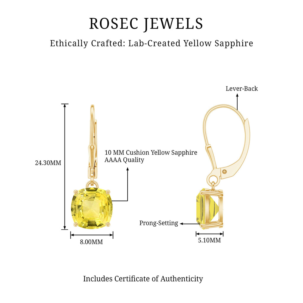 Cushion Cut Lab Created Yellow Sapphire Solitaire Drop Earrings with Leverback