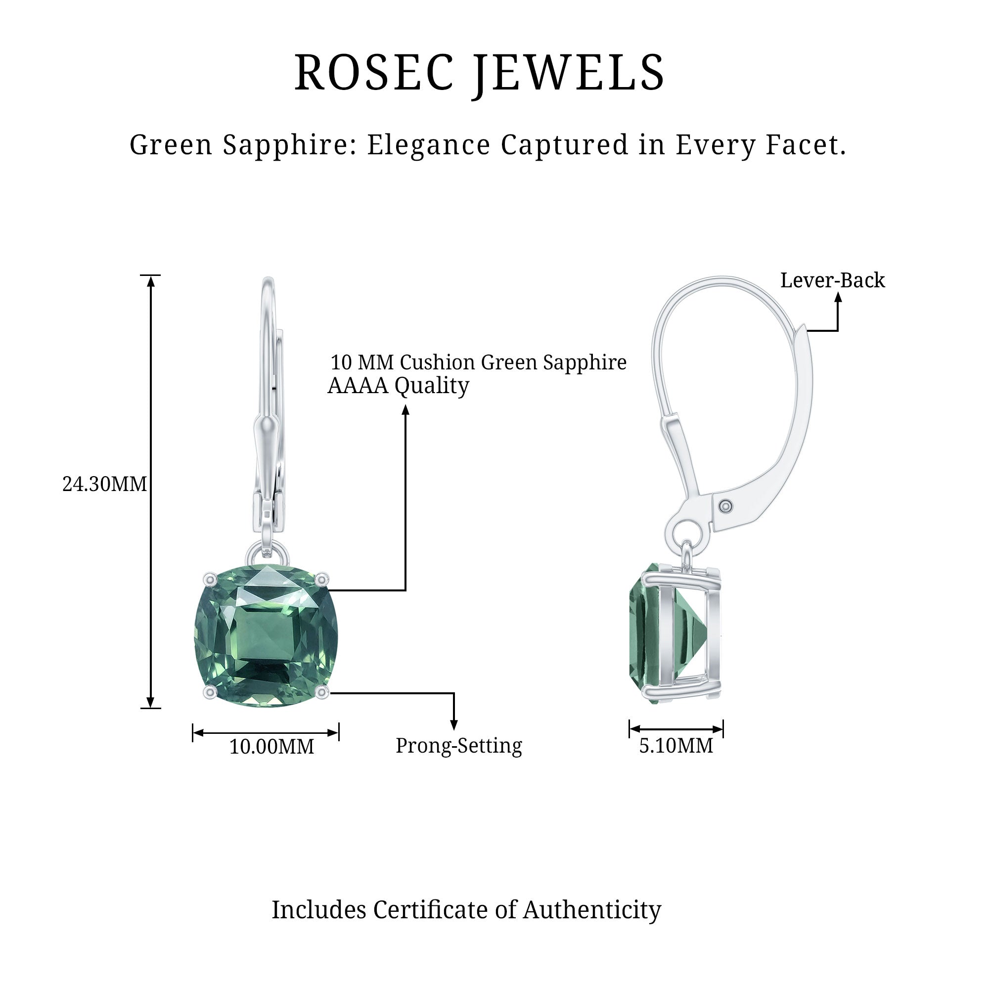 Cushion Cut Created Green Sapphire Solitaire Drop Earrings
